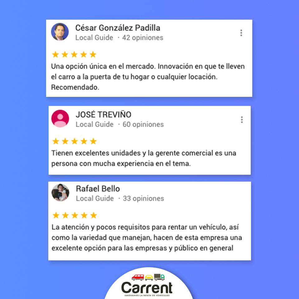 ¡Nuestros clientes están encantados con nuestro servicio! ¿Qué más podemos pedir? Tú también puedes rentar un vehículo con nosotros, ya sea para transportar personas o cargamentos